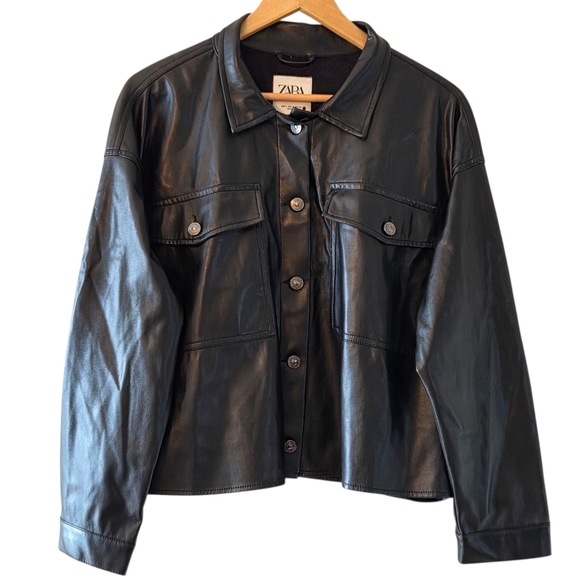 Zara Women's Faux Leather Oversize Cropped Button Down Shirt Black Size Large - Picture 5 of 12